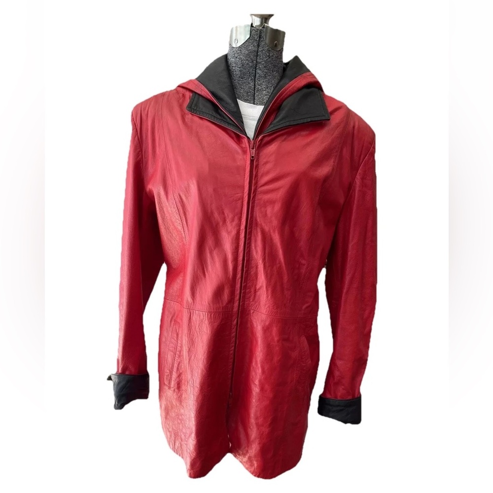 Vera Pelle red Black leather‎ jacket-1990s/Y2K-zip up-detachable hood-ladies 50